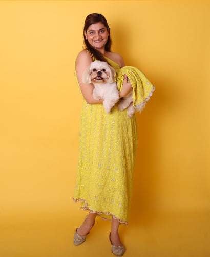 Lucknowi Cowl dress- Lime green
