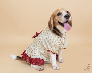 White & Red Box Pleated Dress With Puffed Sleeve & Bow
